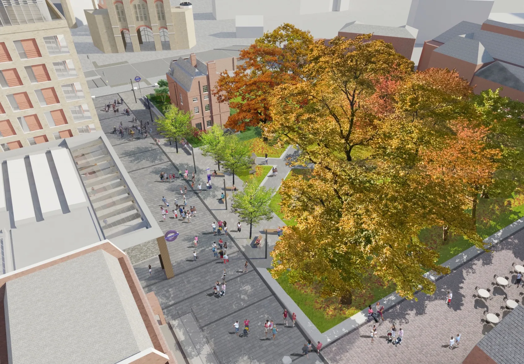 ChatGPT said: Aerial view of Woolwich Crossrail public realm masterplan featuring urban landscaping, mature trees, plazas, and pedestrian-friendly design.