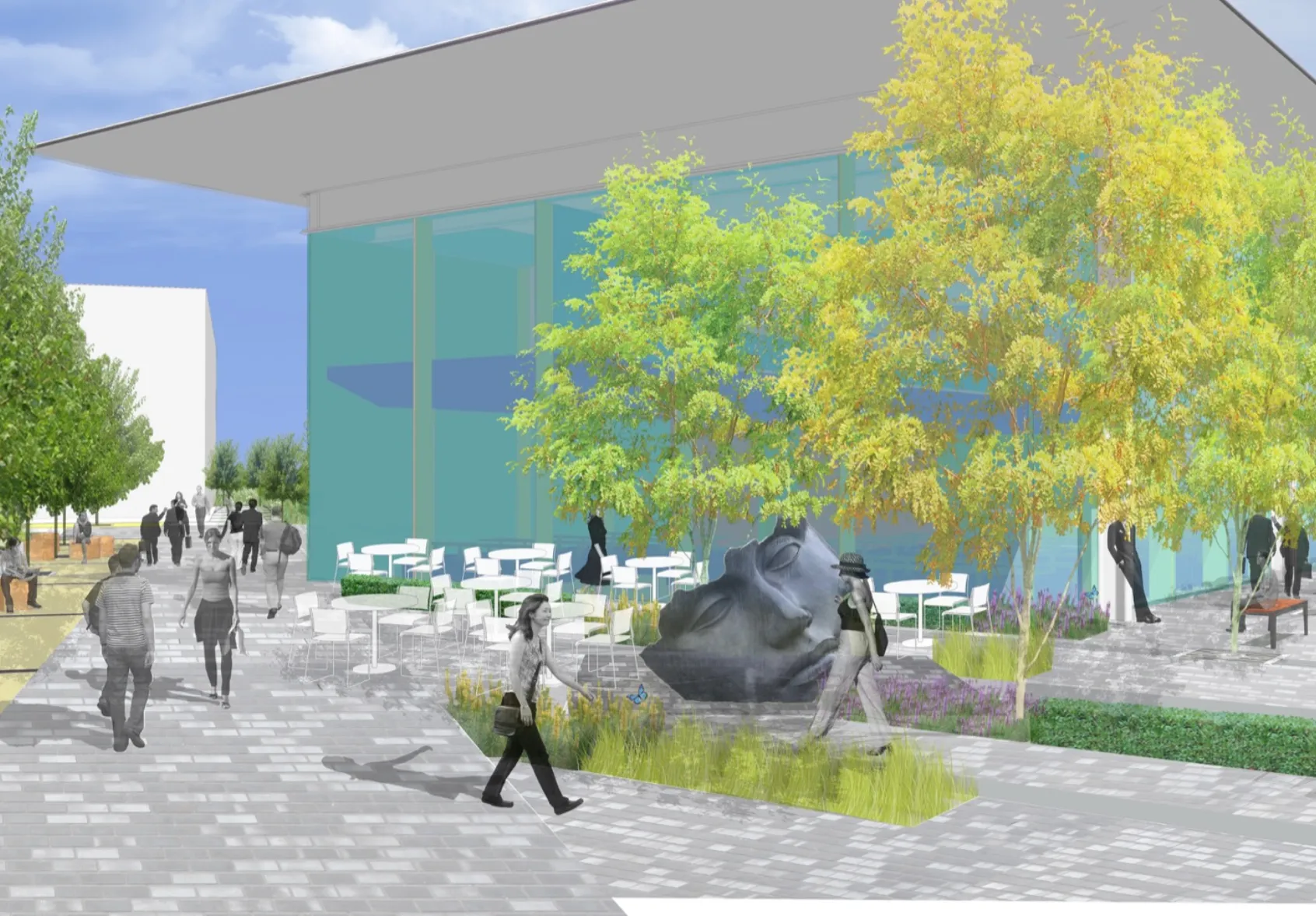 Dyson HQ landscape design with tree-lined seating, public art, and sustainable paving in a rural campus setting