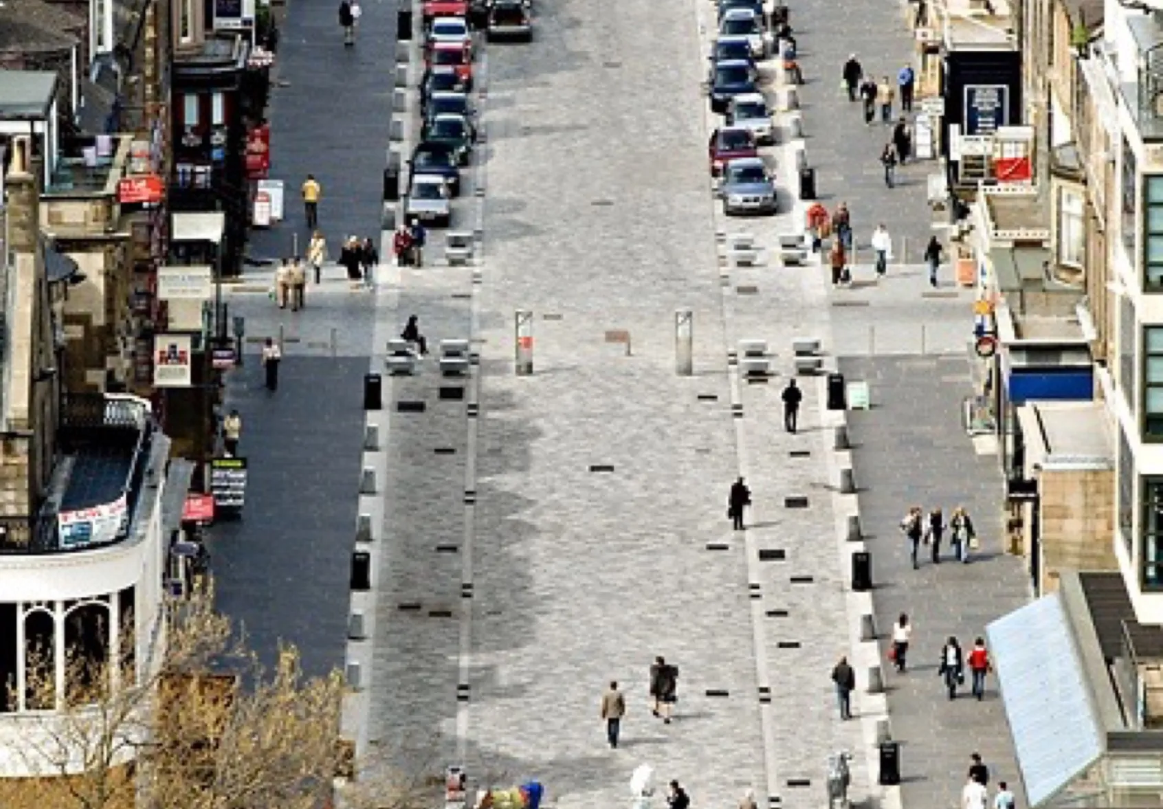 Castle Street public realm redesign in Edinburgh with shared surface paving, pedestrian priority, and landscape-led urban regeneration.