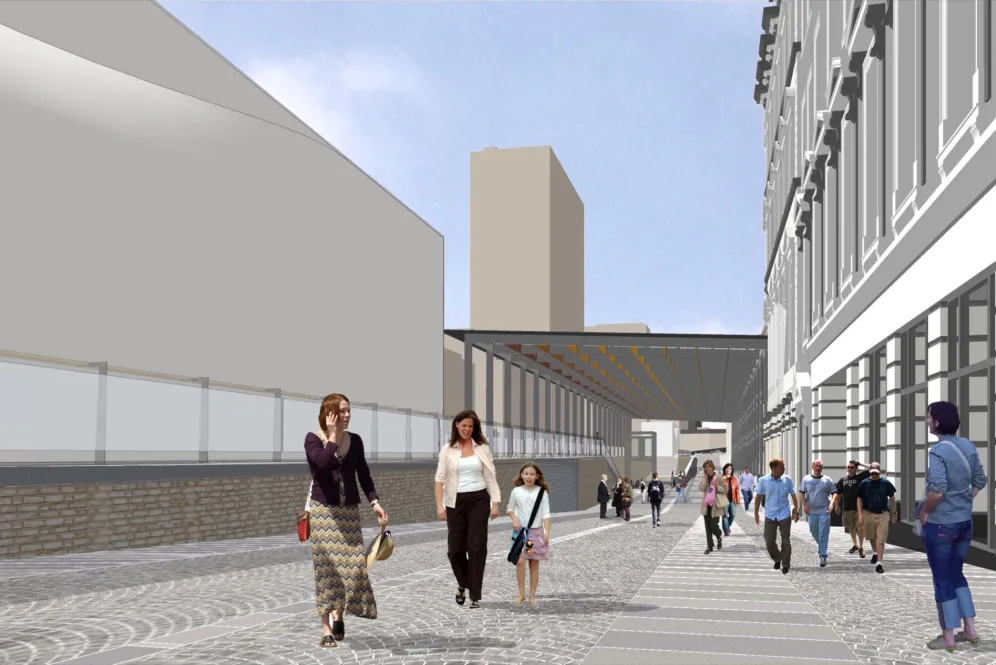 Paddington Crossrail streetscape with paving design, pedestrian-friendly walkway, and urban landscape architecture for improved connectivity.