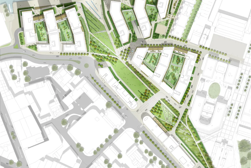 Masterplan of Royal Arsenal Riverside waterfront with green spaces, public realm design, and urban landscape architecture layout.