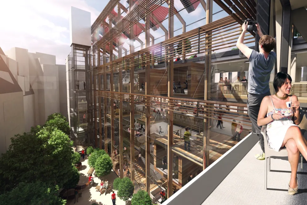 Visualisation of LSE courtyard with tree planting, timber façade, and layered landscape architecture for urban academic environment.