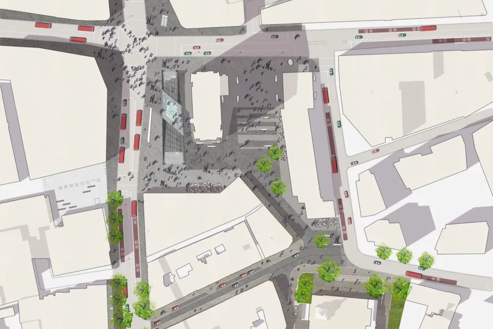 Pedestrian-friendly plaza with seating and wayfinding at St Giles Circus, Tottenham Court Road, urban landscape architecture design.