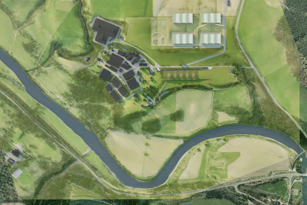 Masterplan aerial view of Macallan Distillery landscape design integrating architecture with River Spey and surrounding countryside.