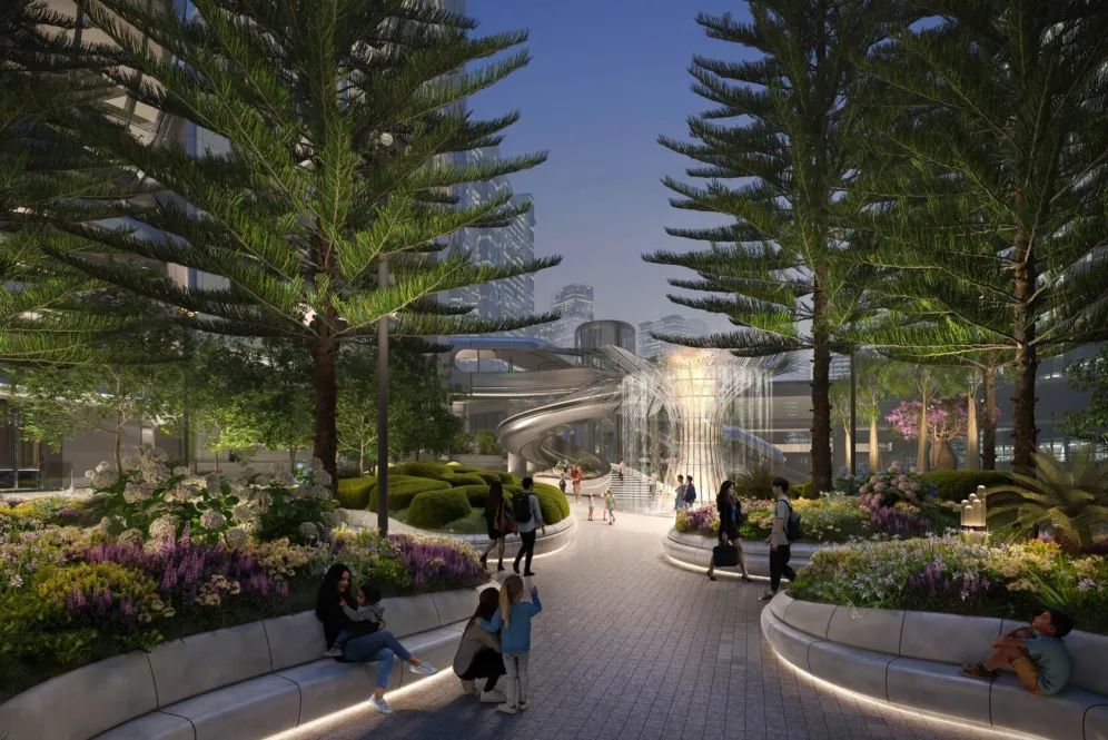 Evening illustrative view of the Henderson Garden in Hong Kong