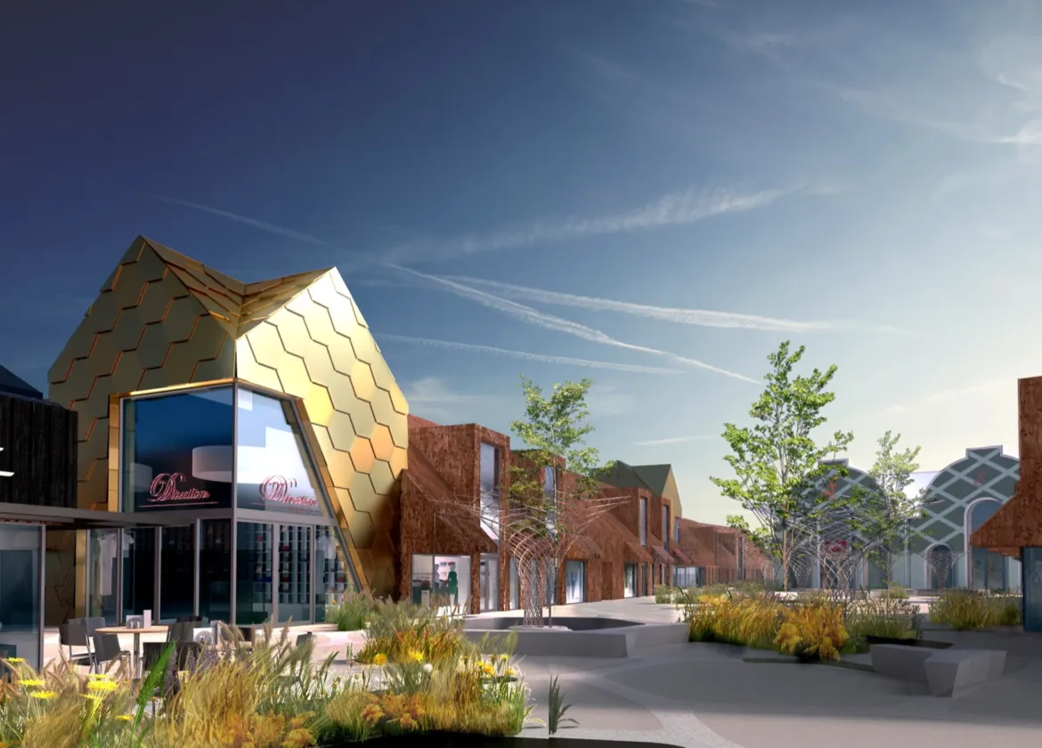 Mill Green Outlet streetscape with gold-clad buildings, tree planting, and landscaped public realm for retail and leisure