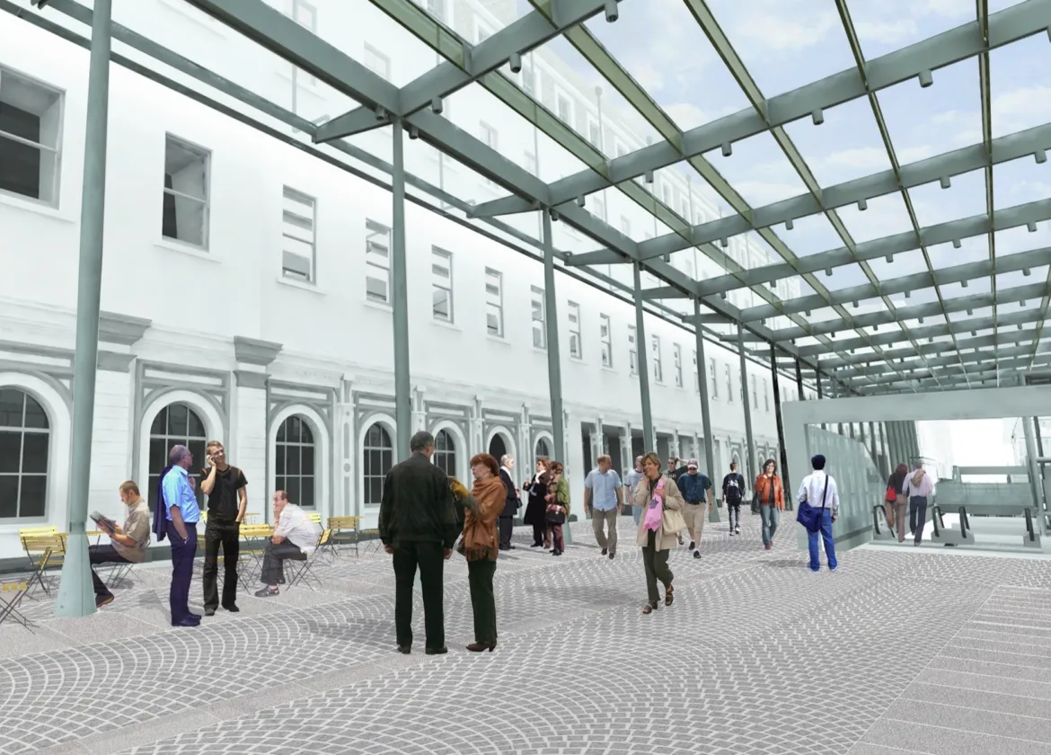 Paddington Crossrail public realm with glass canopy, paving design, and pedestrian-friendly landscape architecture.
