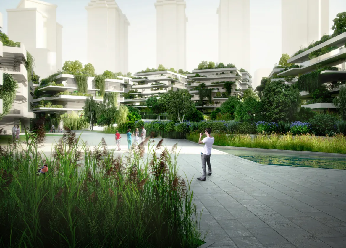 Snegeri Eco green architecture with terraced buildings, lush planting, water features, and sustainable urban landscape design.