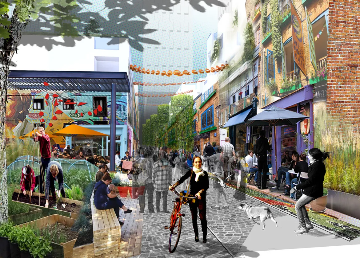 Vibrant community street design with urban greening, cafes, public art, and active spaces at St John’s Neighbourhood.