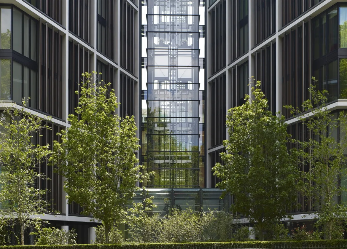 Contemporary landscape design at One Hyde Park London featuring formal planting, urban greenery, and integrated public realm architecture.