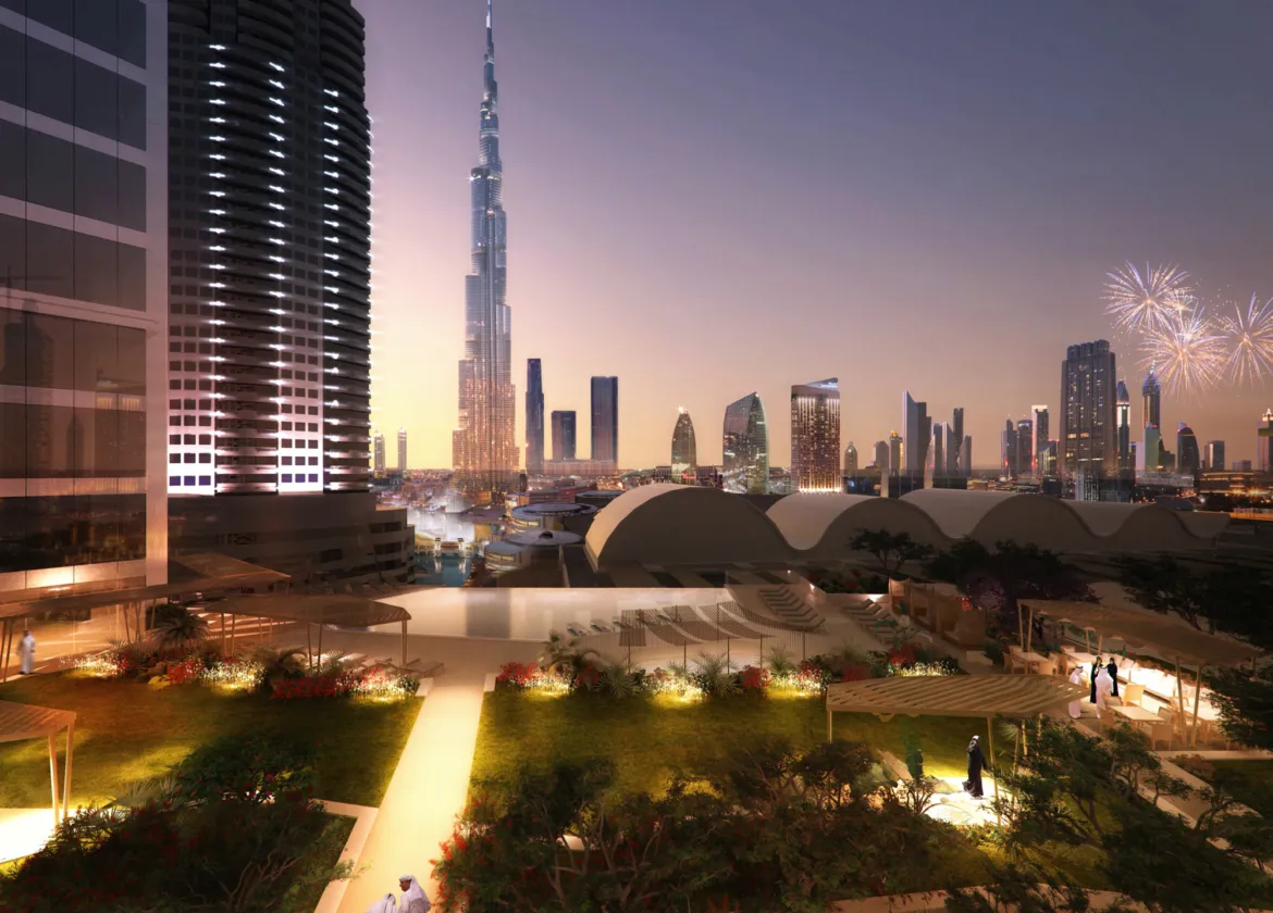 Visual of luxury gardens and a 63-storey tower providing luxury services residential apartments