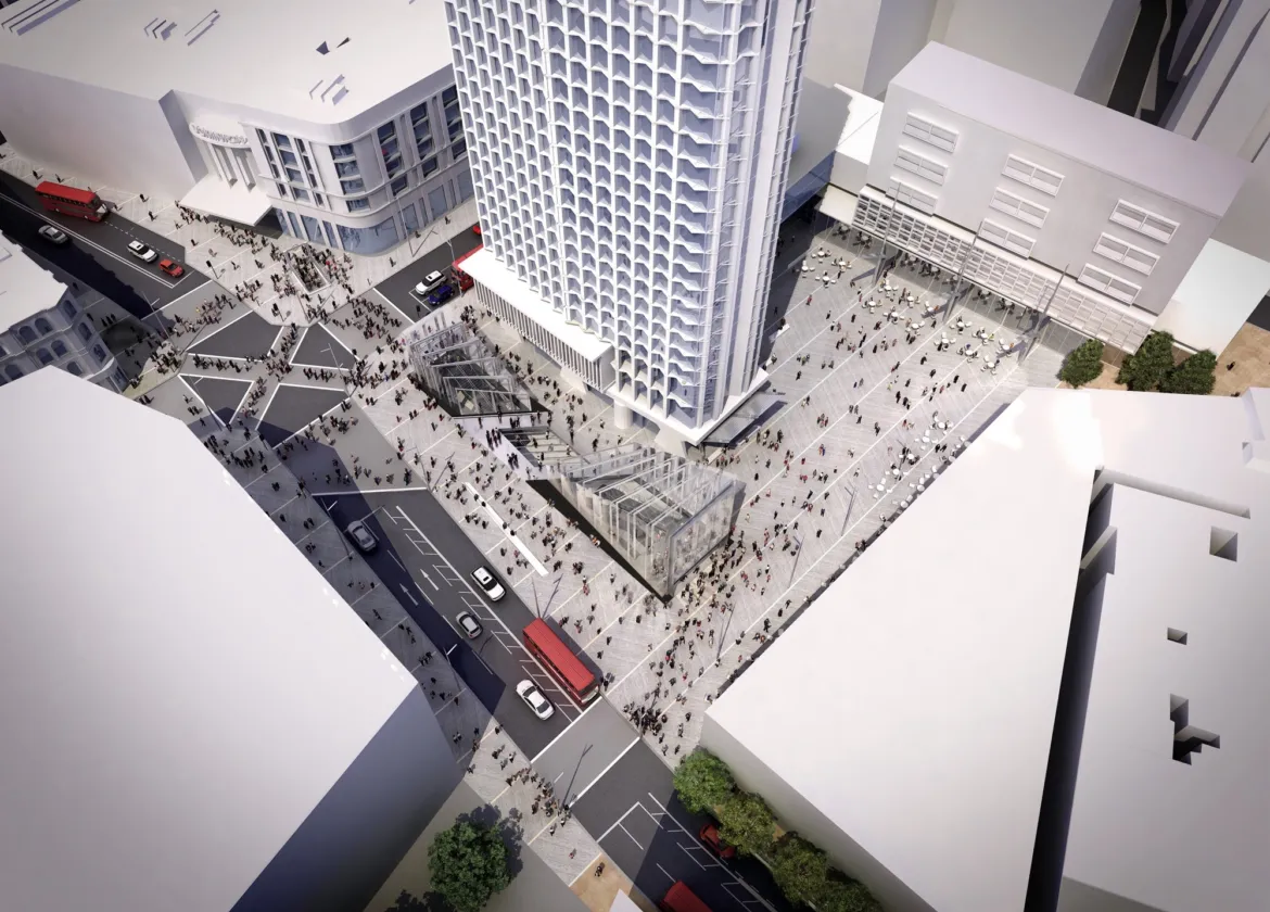 St Giles Circus public realm design with pedestrian plaza, landscape architecture, and Crossrail station entrance at Tottenham Court Road.