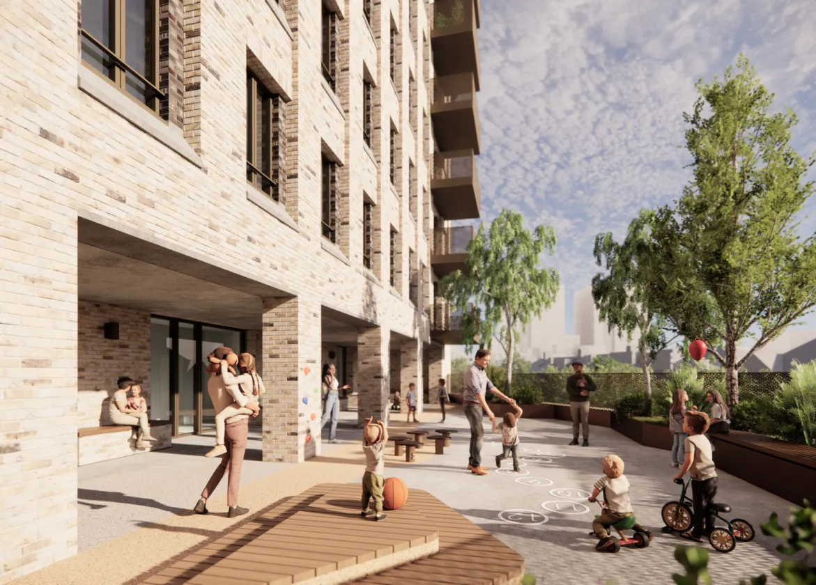 Visualisation of purpose-built student accommodation at Park Royal showing a landscaped courtyard with play areas, seating, trees, and shared outdoor spaces framed by residential buildings.
