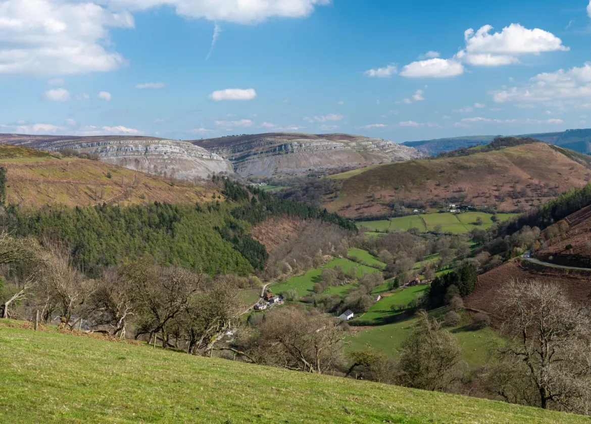 View of the Horseshoe Pass, a mountain pass in Denbighshire, north-east Wales