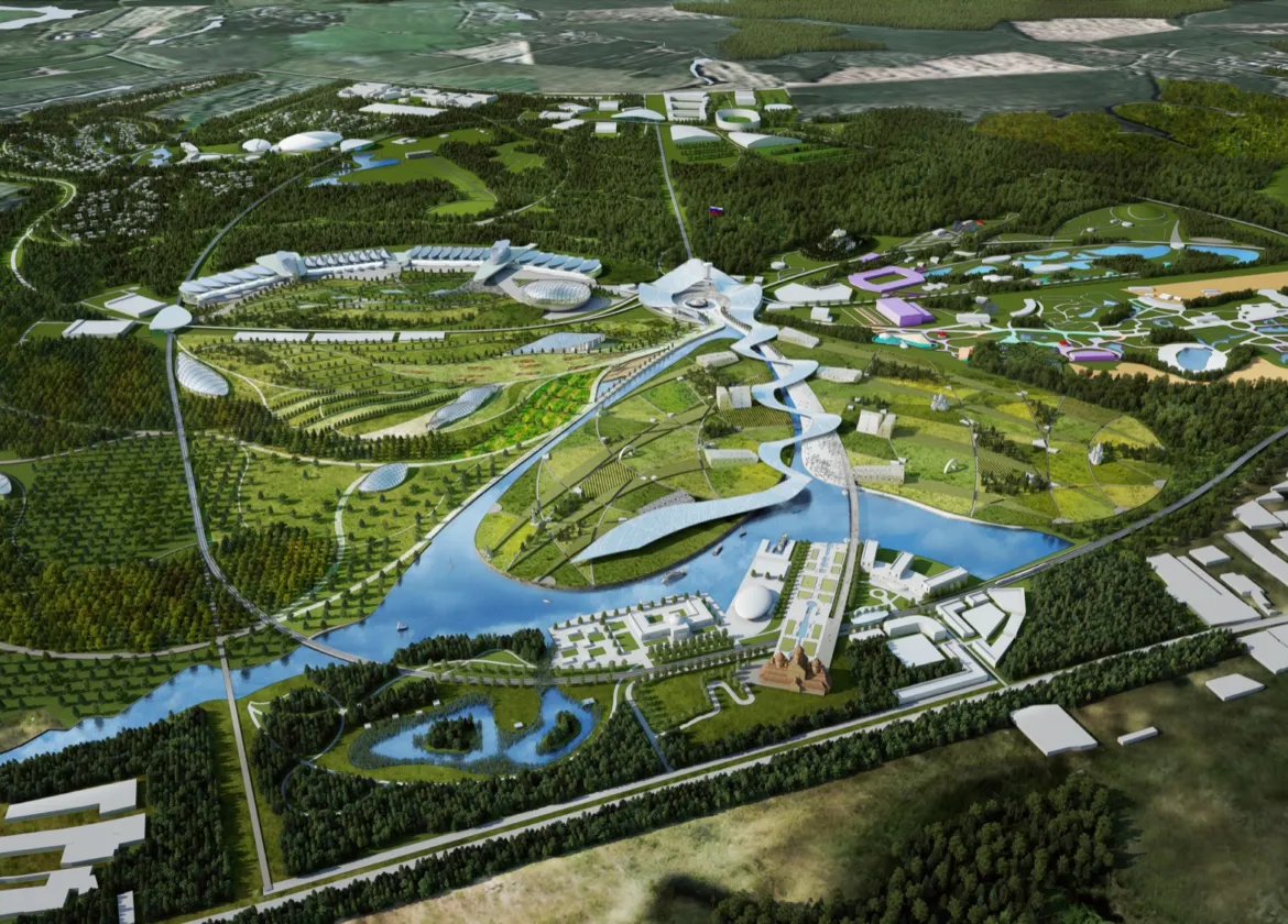 Park Russia masterplan near Moscow featuring large-scale landscape architecture, ecological zones, cultural landmarks, and integrated green infrastructure.