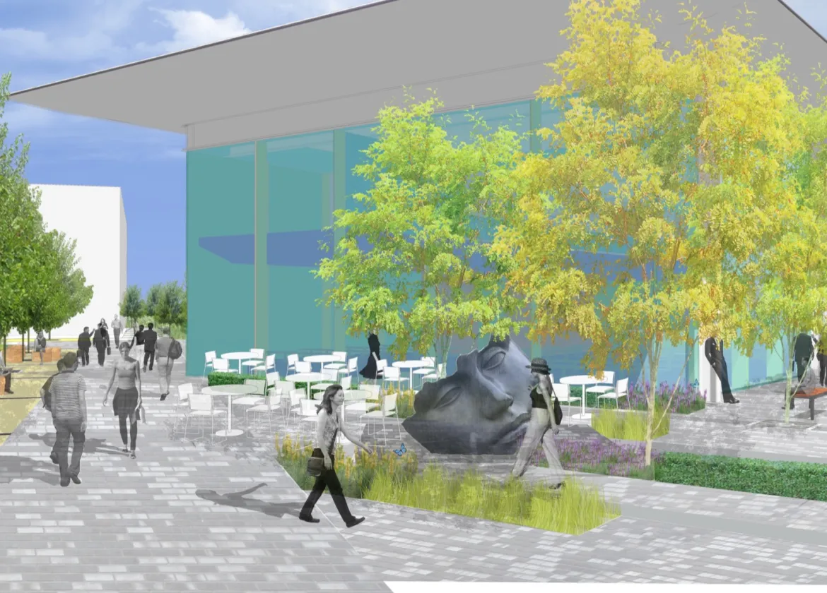 Dyson HQ landscape design with tree-lined seating, public art, and sustainable paving in a rural campus setting
