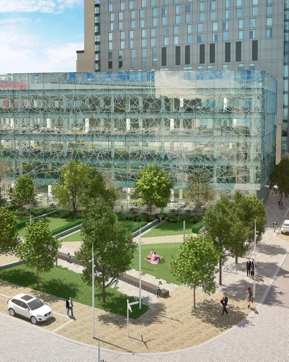 Media City Phase 2 green public space with urban trees, seating, and pedestrian-friendly landscape architecture design.