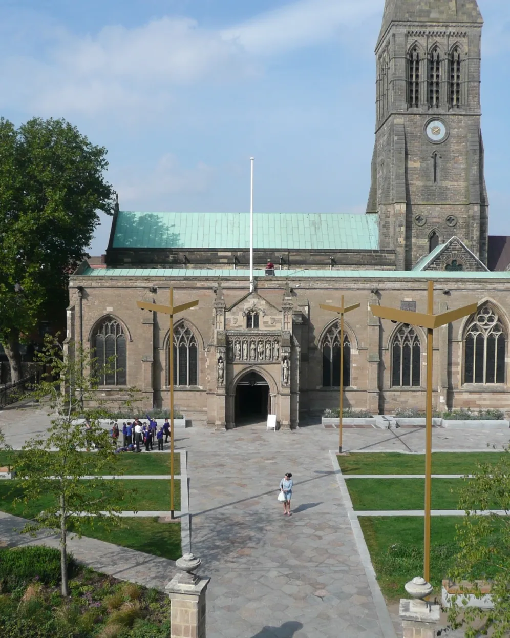 Aerial view of Leicester Cathedral Gardens featuring civic plaza, heritage landscape design, and formal planting layout.