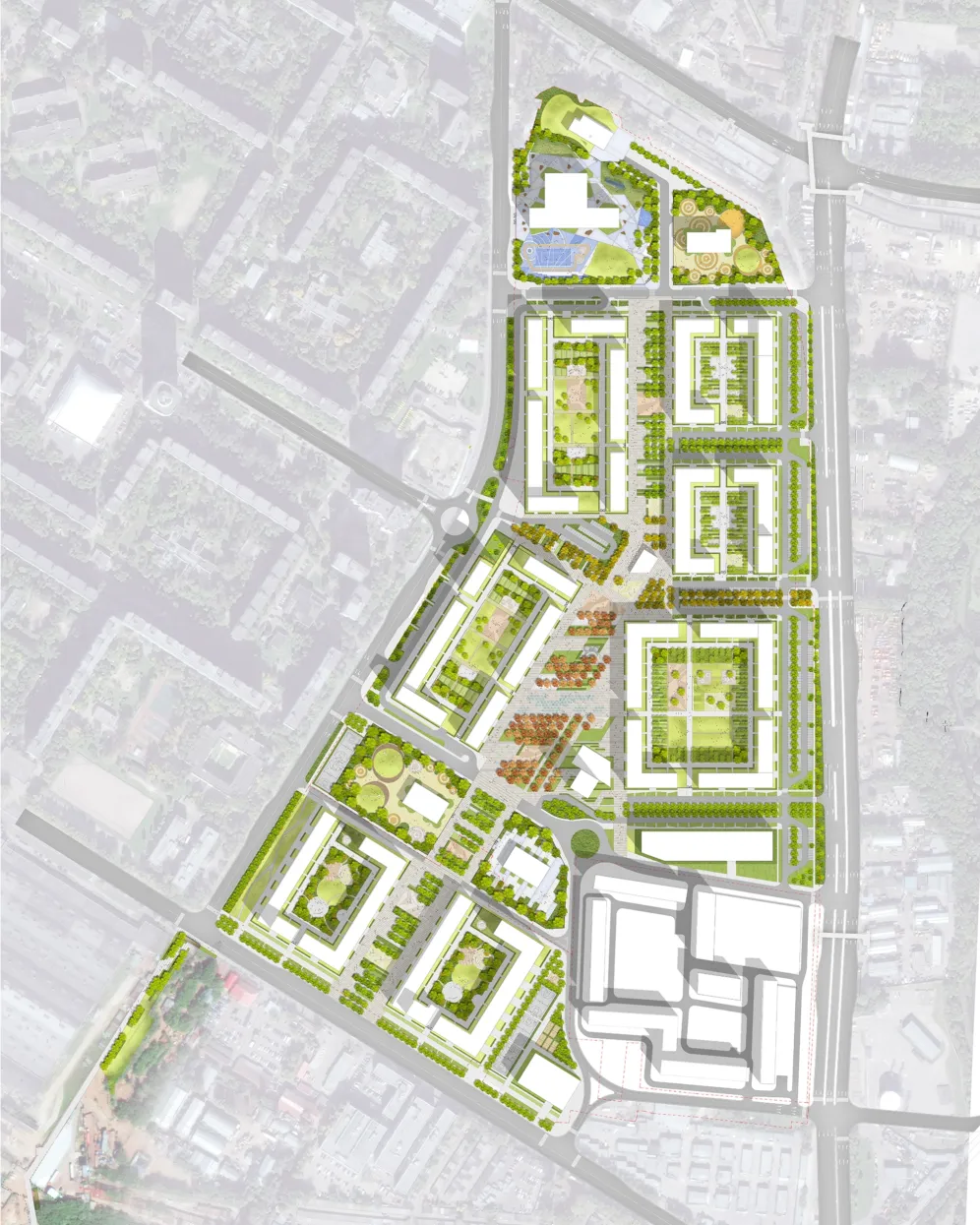 Masterplan of PIK Green Park Moscow showcasing sustainable landscape architecture, green spaces, and urban residential development design.