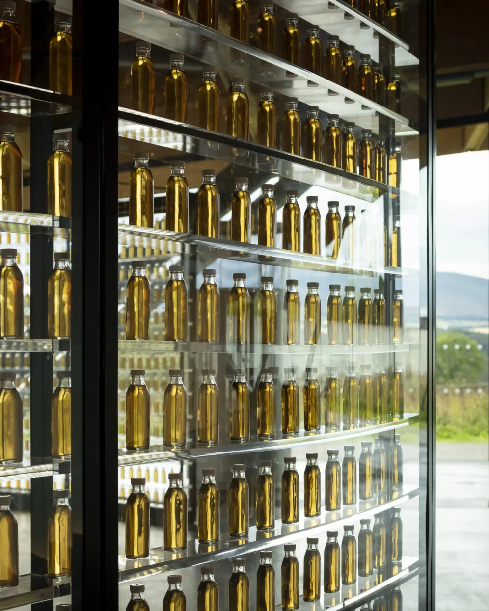 Macallan Distillery interior with whisky bottle display wall overlooking scenic Scottish Highlands landscape.