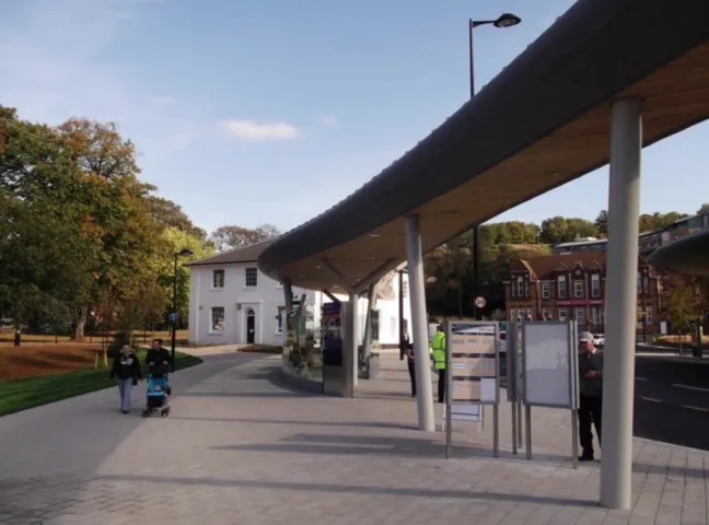 Chatham Bus Station landscape design with modern canopy, pedestrian pathways, and public realm improvements for urban connectivity.