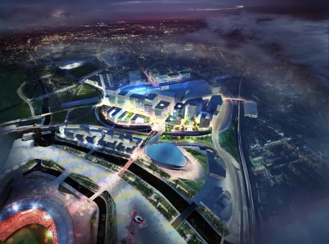 Stratford International Quarter night aerial view with urban masterplan, public realm, green spaces, and landscape architecture design.