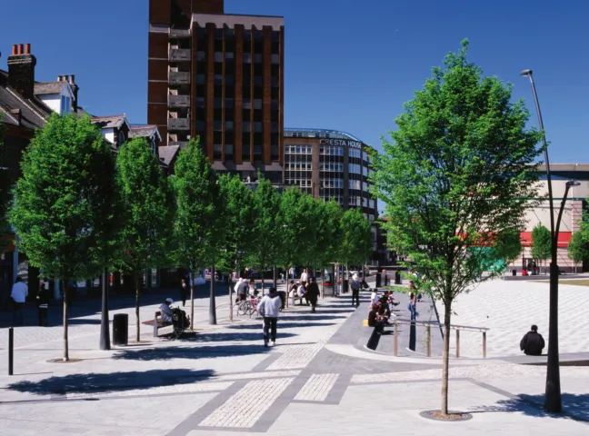 St George’s Square urban landscape with tree planting, seating areas, and pedestrian-friendly public realm design.