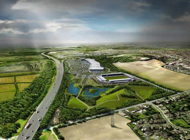 "Five Town Parks aerial masterplan with green spaces, water features, and urban landscape architecture integrated with retail development.