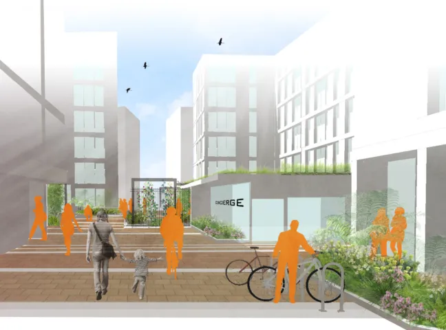 New Cross public realm design with pedestrian-friendly streetscape, planting, and mixed-use urban landscape architecture.