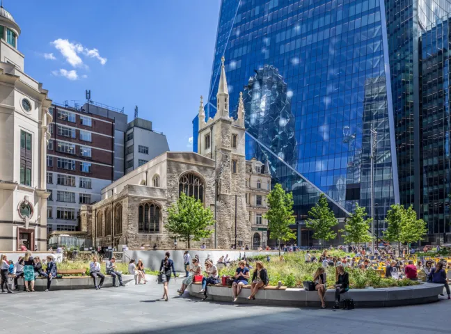 St Helen’s Square landscape architecture blends historic church, modern planting, and curved seating in vibrant public realm design.