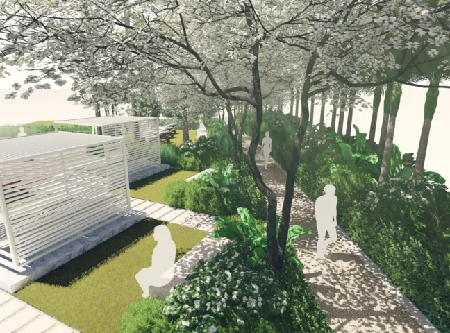 A landmark residential tower rising above formal waterfront gardens, set between the coastline and the hills of Limassol.