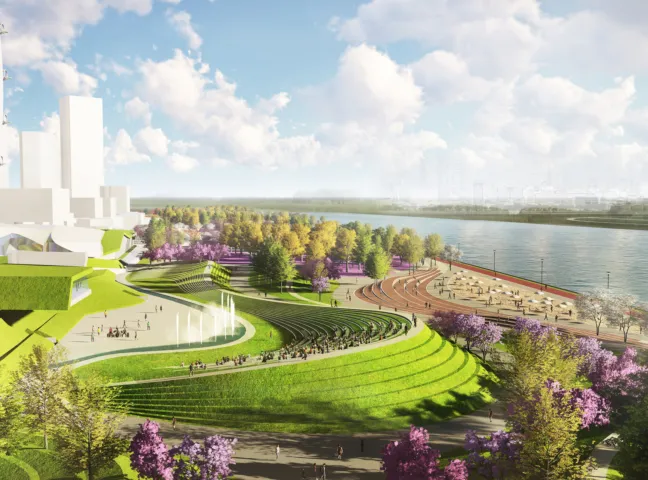 Visualisation of Nanjing Hexi Park showing sweeping terraced lawns, a riverside promenade, stepped amphitheatre seating and tree lined public spaces beside a landmark tower and the Yangtze River