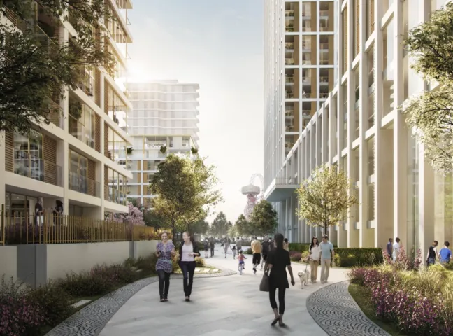 Pedestrian-friendly public realm with planting and residential landscape design at Cherry Park, Stratford, by Gillespies landscape architecture specialists.