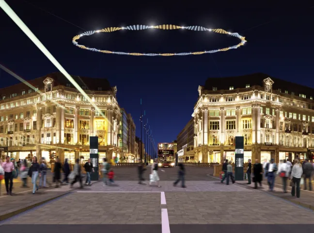 Oxford Street night view with public realm lighting, pedestrian-friendly paving, and landscape architecture enhancing urban streetscape design.