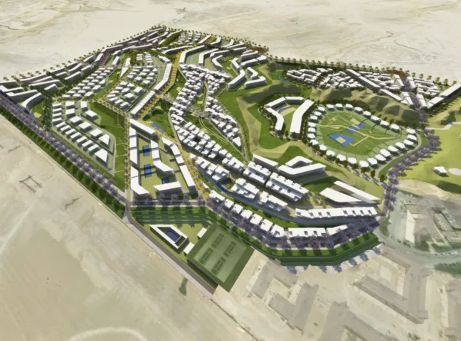 Pyramid Heights Masterplan with integrated landscape architecture, green spaces, residential clusters, and sustainable urban design in desert context.