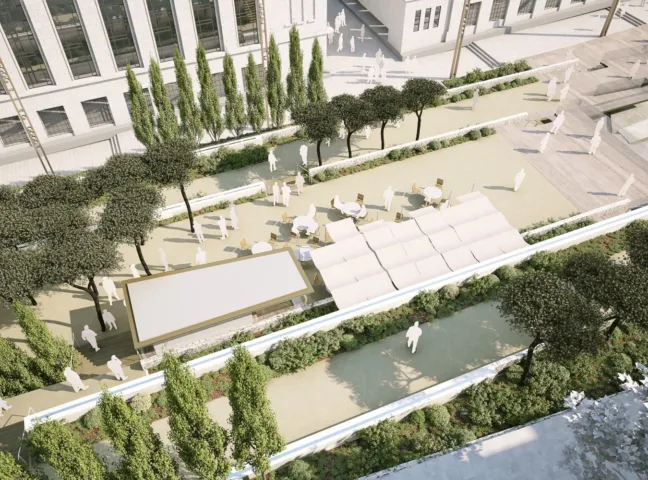 Aerial view of Roman Baths landscape design in Lebanon featuring shaded seating, formal planting, and modern urban integration.