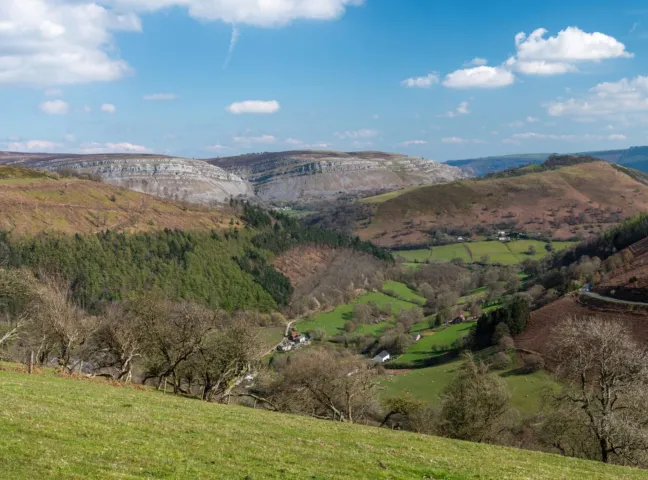 View of the Horseshoe Pass, a mountain pass in Denbighshire, north-east Wales