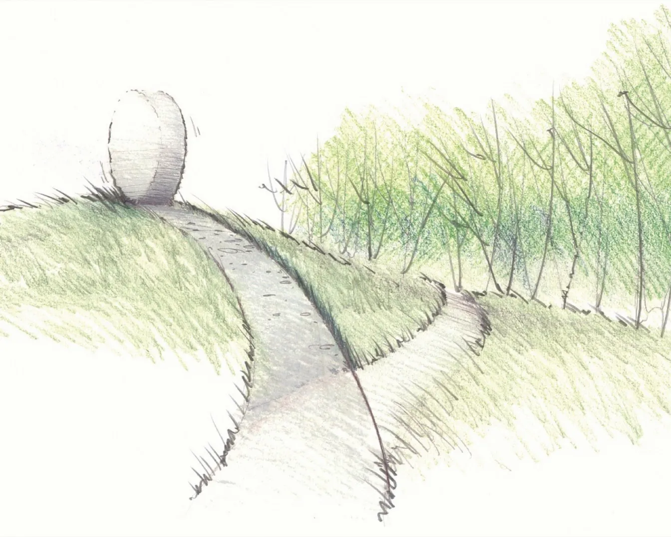 Landscape architecture sketch with curved path, grassy mounds, and sculptural stone feature at Danfoss Universe, Nordborg, Denmark