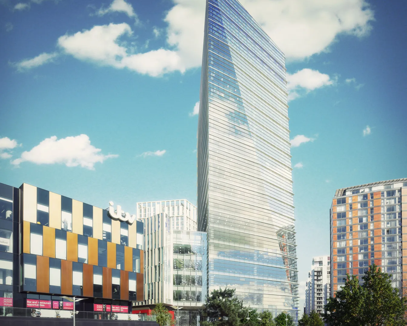 Media City Phase 2 public space with modern skyscraper, landscaped green areas, and urban design promoting walkability and community.