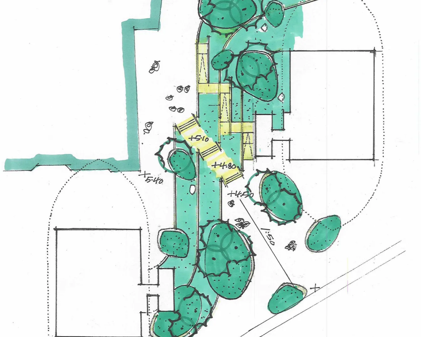 Hand-drawn landscape architecture site plan showing pathways, trees, and green spaces for Riverlight residential development in South London.