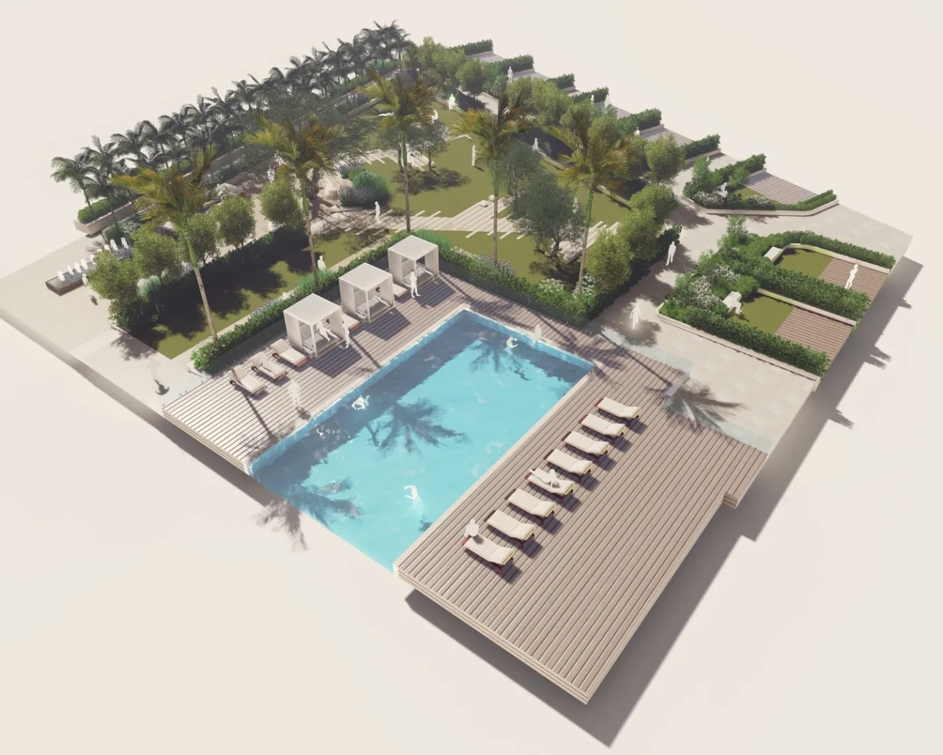 Illustrative masterplan of a luxury residential courtyard featuring a central swimming pool, timber sun deck, cabanas, palm lined gardens and terraced planting.