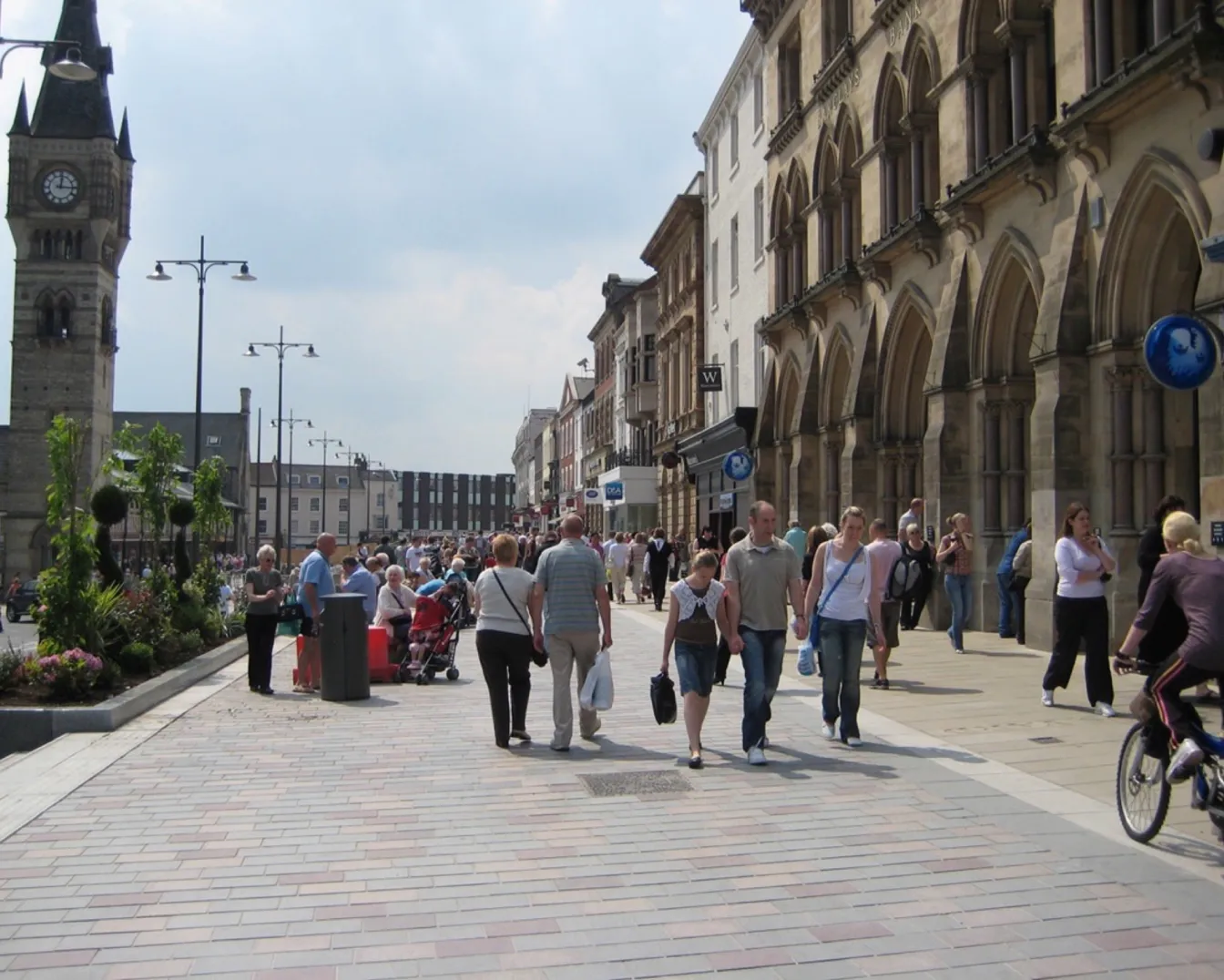 Darlington Pedestrian Heart with shared surface paving, historic buildings, and active public realm landscape architecture design by Gillespies.