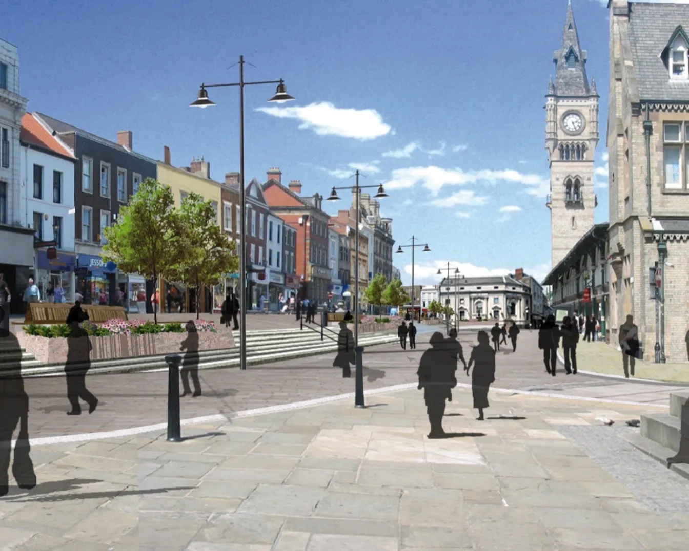 Public realm concept CGI for Darlington Pedestrian Heart with shared surface, street furniture, and landscape-led urban regeneration by Gillespies.