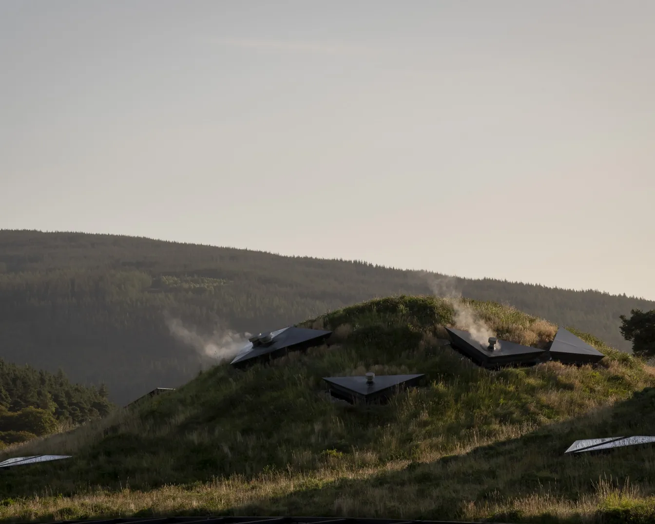 Macallan Distillery green roof mounds with skylights integrated into Scottish Highland landscape, showcasing sustainable landscape architecture.