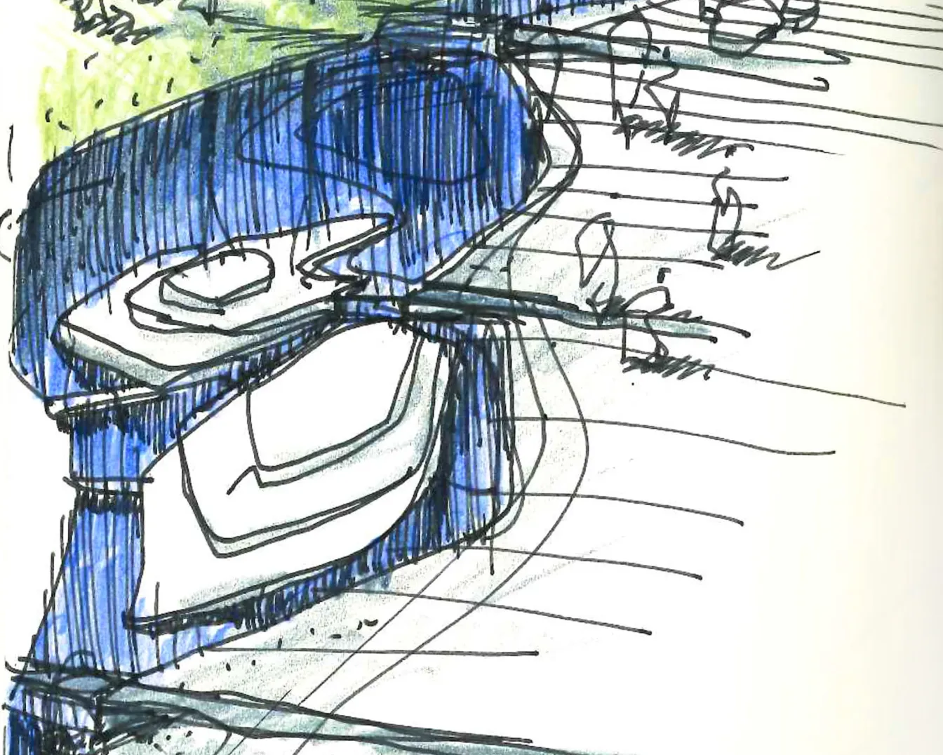 Concept sketch of Macallan Distillery landscape design with curved seating terraces, pathways, and waterfeature and planting.