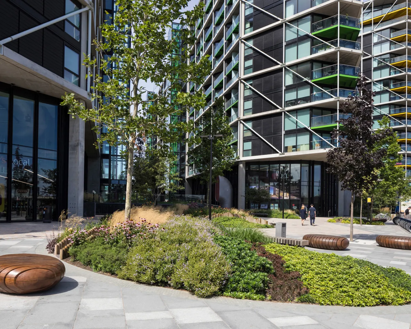 Riverlight South London residential landscape with modern planting, urban seating, and sustainable public realm design by landscape architects.