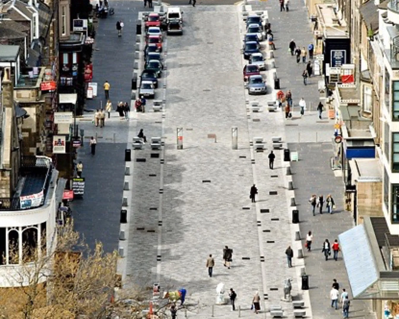 Castle Street public realm redesign in Edinburgh with shared surface paving, pedestrian priority, and landscape-led urban regeneration.