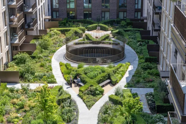 King's Road Park podium landscapes with lush planting, pathways, and seating showcasing innovative urban landscape architecture